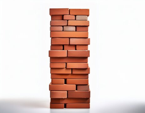 single vertical column of stacked bricks isolated on white background