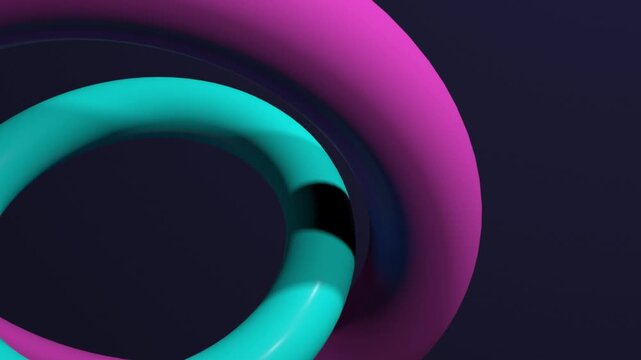 Abstract 3d looping animation of interlocking pink and cyan torus rings on a dark background.