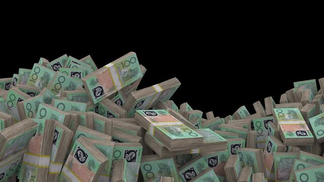 3d animation of 100 australian dollar banknote stacks moving in a wavy water-like motion on a black background.