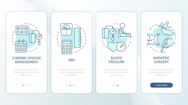 Body weight control practices animated onboarding mobile app screens. Remote patient monitoring. UI layout animation with cyan line concept icons. Modern flat interface style motion graphics
