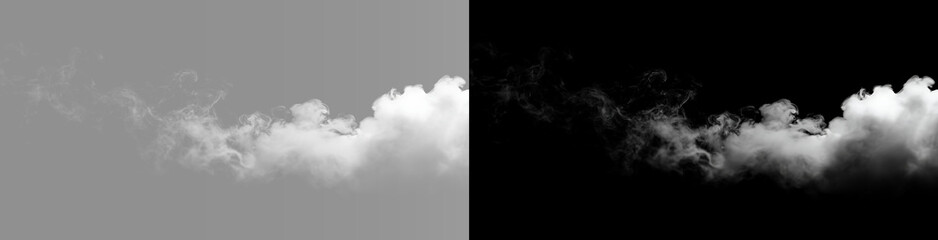 Abstract white smoke stream overlay, twin realistic horizontal fog trail or steam clouds on black background wide banner. Cinematic flowing smoke swirl wave effect © Olena