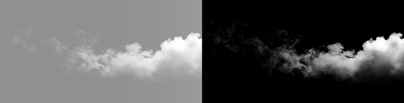 Abstract white smoke stream overlay, twin realistic horizontal fog trail or steam clouds on black background wide banner. Cinematic flowing smoke swirl wave effect