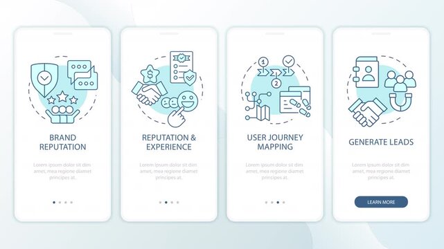 Strategic brand marketing funnel animated onboarding mobile app screens. User experience optimization. UI layout animation with cyan line concept icons. Modern flat interface style motion graphics