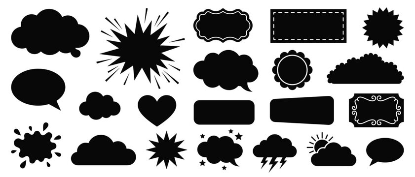 Black silhouette shape vector set speech bubble cloud label frame starburst heart banner collection
