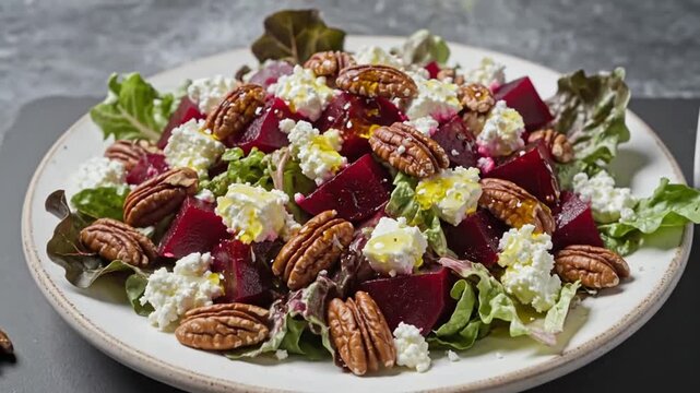 Delicious beet salad with pecans, goat cheese, and olive oil dressing on a white plate