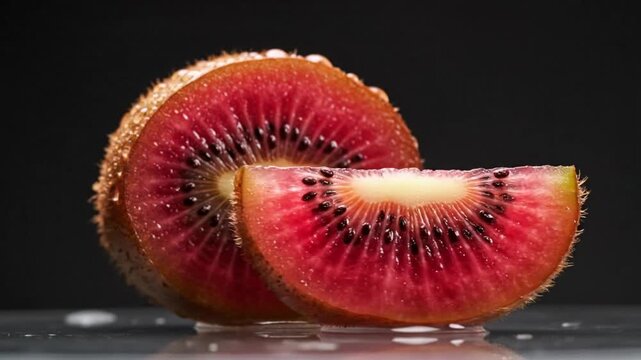 Red kiwi fruit with a slice showing a vibrant red interior and black seeds against a dark background