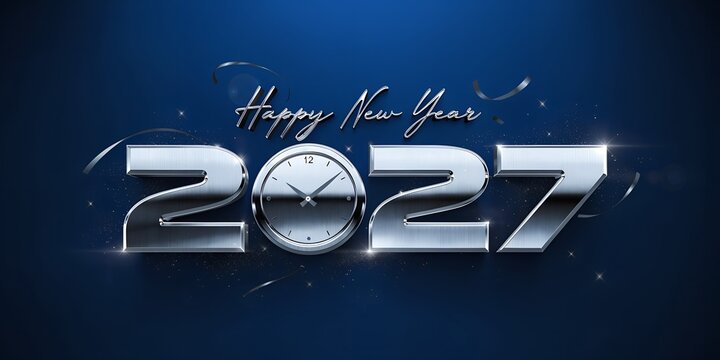 3D metallic 2027 new year greeting with clock face zero metallic typography celebration background countdown decoration illustration midnight calendar sparkling streamer abstract