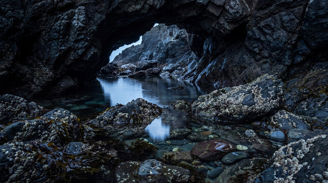 Beautiful natural tidal pool displaying calm water reflections inside dark rocky sea caves for marketing
