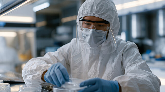 Microbiologist in full sterile gown and face shield operates a laminar flow hood inside a pharmaceutical cleanroom, carefully transferring culture samples between sealed