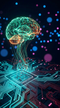 Glowing digital brain concept emerging from circuit board, symbolizing artificial intelligence and innovation, suitable for technology themes