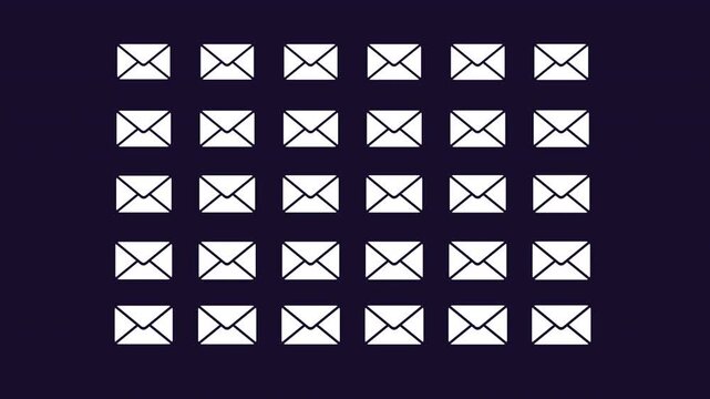Email overload white glyph icons growth animation. Every day, over 347 billion emails are sent worldwide. Animated solid symbol multiplying into structured matrix. HD video with alpha channel