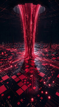 Red digital streams of binary code flow into a dark matrix, symbolizing data transfer and network connectivity, representing digital flow and information.