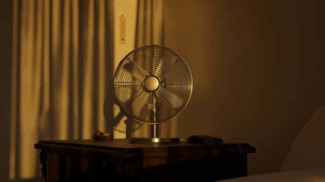Electric fan in the evening sunlight. Concept tropical heat