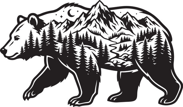 Black bear, mountain landscape, forest animal, wildlife icon, vector illustration