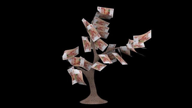 3d animation of a money tree with 5000 russian ruble banknotes blowing in the wind on a black background.