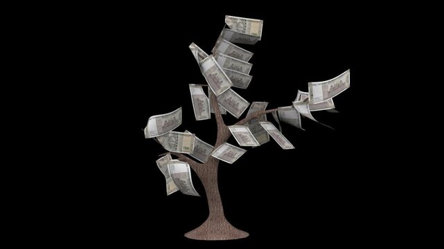 3d animation of a money tree with 500 indian rupee banknotes blowing in the wind on a black background.