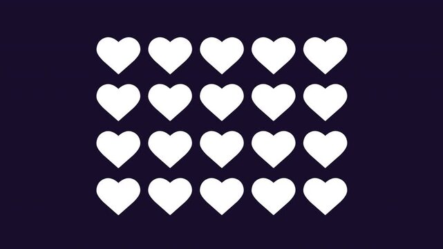 Hearts white glyph icons growth animation. Valentine day celebration. Cardiovascular system health. Animated solid symbol multiplying into structured matrix. HD video with alpha channel