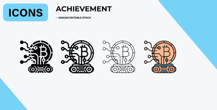 Modern digital currency achievement icon set representing blockchain technology and financial success in various styles