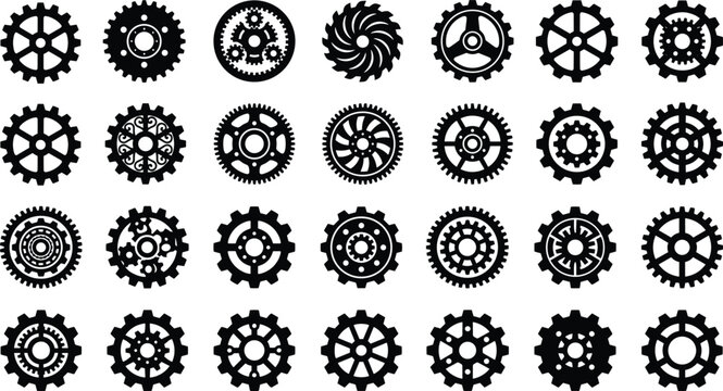 Collection of gear shapes in black vector illustration on a white background gears cog cogs wheel wheels mechanical machinery engineering industrial technology