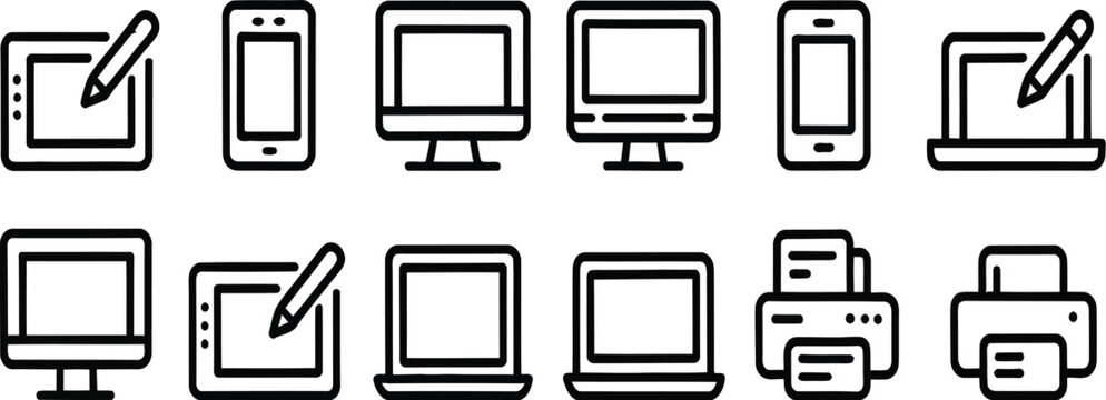 Set of piano keys vector illustration combined with computer screen TV monitor laptop tablet phone and digital device icons technology business internet media design set