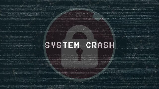 A pixelated padlock icon with SYSTEM CRASH text displayed on a glitchy, static computer screen. Depicts cyber security breaches, hacking, ransomware, and system failures.