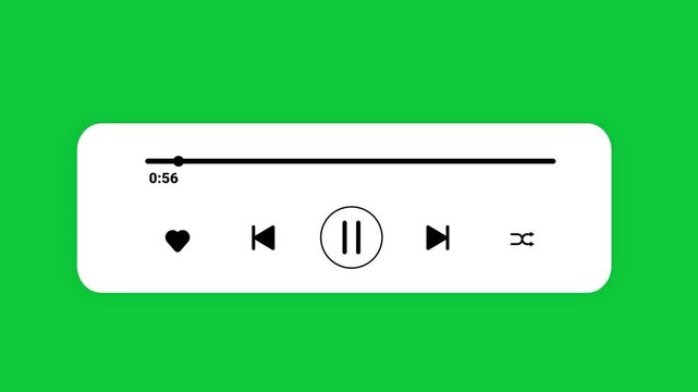 Minimalist music player interface design with progress bar, play pause button, skip track, like heart icon and shuffle symbol on green background