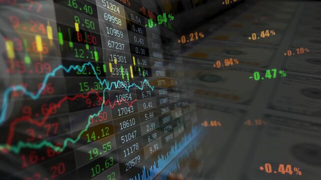 Japanese candlestick charts and glowing financial data superimposed over US dollar bills. Represents technical analysis, trading strategies, and stock market investments.