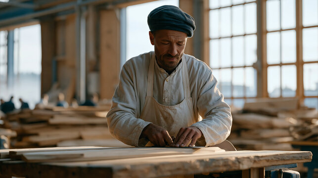 Early morning mist visible through open loading bay doors of a wood furniture production facility, a craftsman beginning the day by sharpening hand tools at a grinding station as