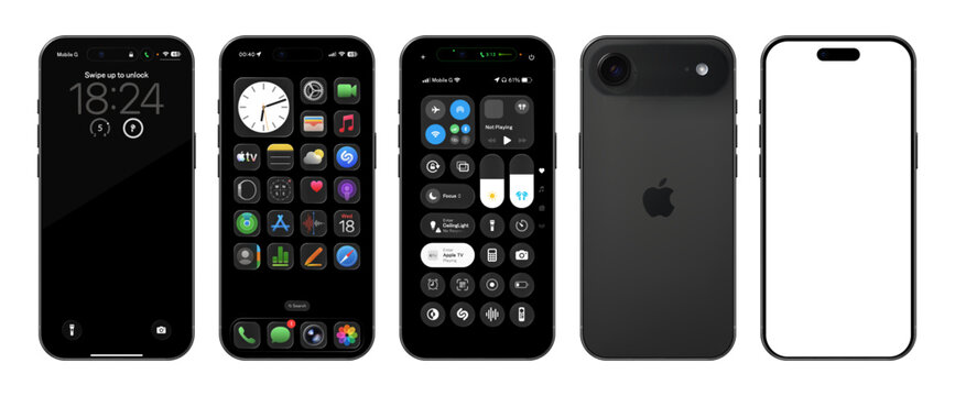 Photorealistic detailed Apple Iphone 17 Air Space Black basic IU mockup isolated. iOS 26, liquid grass 2026 full template design. Vector editorial illustration