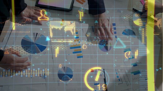 Top-down view of a business team analyzing documents in a meeting, augmented with futuristic glowing digital graphs. Concept of high-tech data analytics, corporate strategy, and modern finance.
