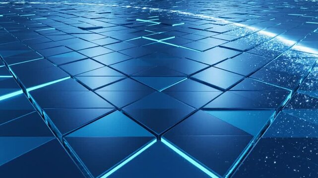 Futuristic abstract digital mosaic background with reflective triangular tiles and glowing energy lines