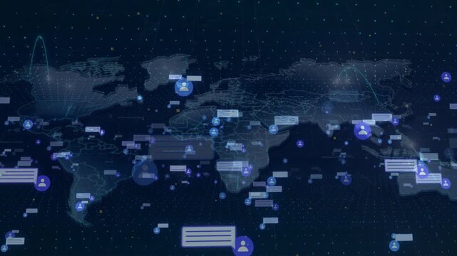 Digital world map connected by networking lines and floating social media chat bubble icons containing user avatars. Represents global communication, social networks, and internet interaction.