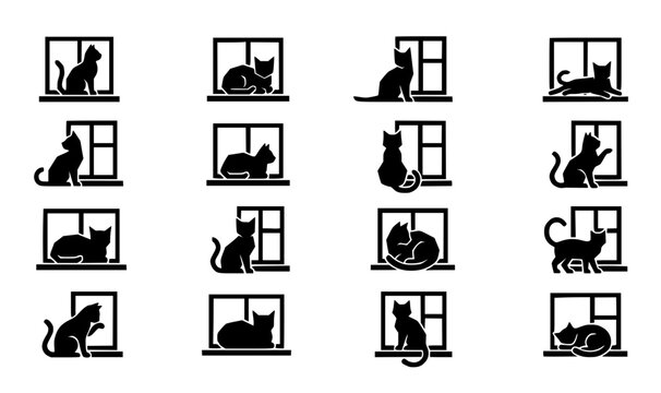 Geometric black cat silhouette in window icon set modern abstract pet vectors