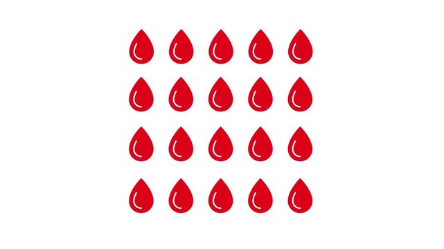 Blood drops color glyph icons matrix animation. Menstrual cycle. Every second, thousands of blood cells produced. Animated solid element quantity expansion. Grid formation. HD video with alpha channel