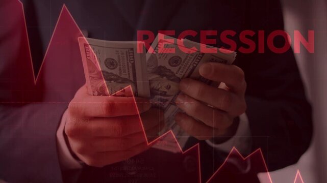 Businessman counting hundred dollar bills overlaid with a downward red graph and RECESSION text. Represents financial loss, inflation impact, and economic hardship.