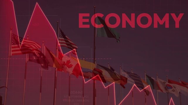 Global flags waving with downward red graph overlay and word ECONOMY. Represents global economic downturn, international financial crisis, and worldwide market crash.