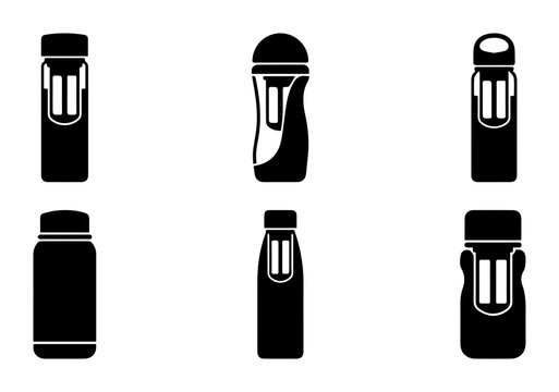 Black thermos bottle icons, insulated flask symbols, thermal drink containers, vector graphics