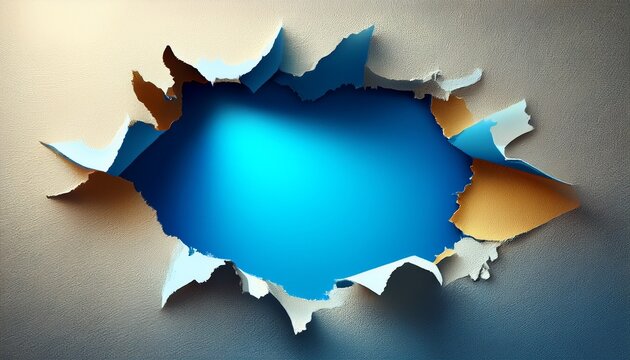 torn paper hole with ragged edges revealing a bright blue center space