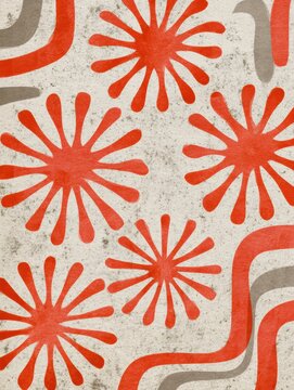 A notebook cover displays coral and grey mid-century designs with starburst and boomerang shapes typical of the 1950s Eames era.