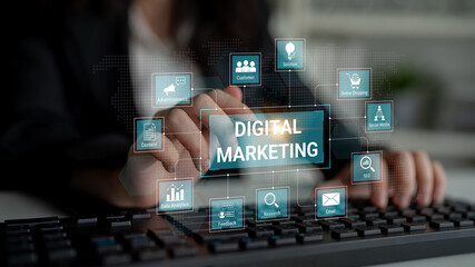 Obraz premium Digital marketing dashboard connecting data analytics, social media, SEO, and content strategy to improve business growth and customer engagement. Parse