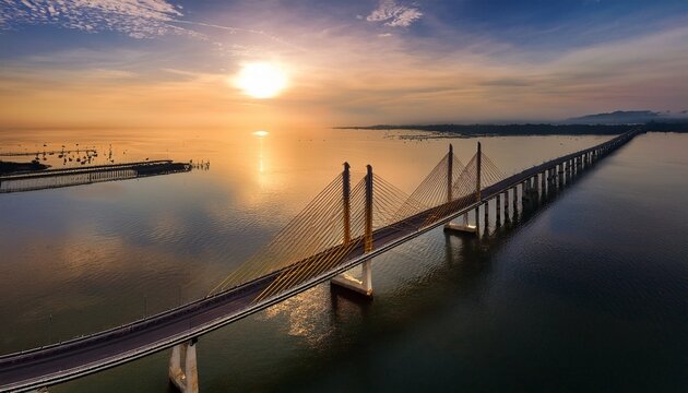 Scenic Aerial Image Of The Pamban Bridge At Sunrise As The Golden Hues Reflect Over The Serene Waters Making It A Picturesque Sight