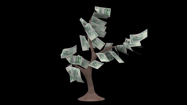 3d animation of a money tree with 50 chinese yuan banknotes blowing in the wind on a black background.