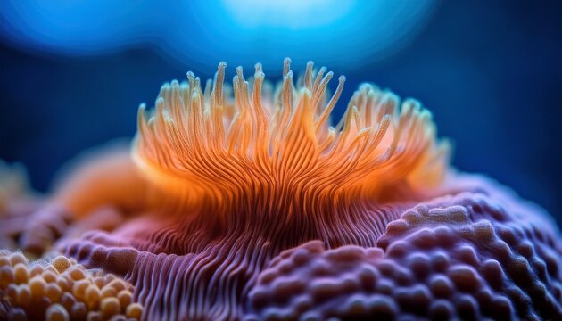 Detailed Macro Shot Of A Vibrant Textured Organic Formation Glowing With Warm Light Against A Blurred Blue Background Showcasing Intricate Patterns And Delicate Structures