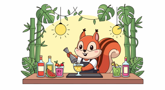 Cute cartoon squirrel bartender making a cocktail at a tropical bar.