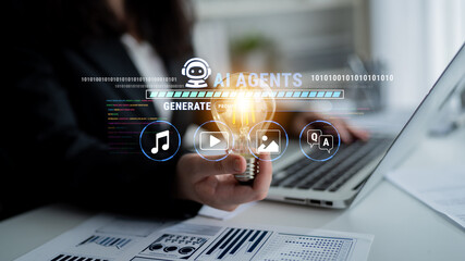 Innovative Concept of AI Agents Generating Ideas with Light Bulb in Office Setting and Digital...