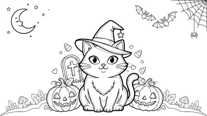 Fototapeta premium Cute cat wearing a witch hat with pumpkins for halloween isolated on a transparent background