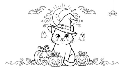 Fototapeta premium Cute cat wearing a witch hat with pumpkins for halloween isolated on a transparent background