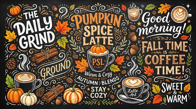 Autumn coffee chalkboard menu design with pumpkin spice latte and fall theme typography art.