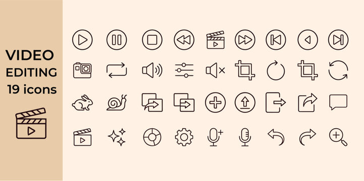 A set of 19 video editing icons in a simple line style for use in digital applications and software