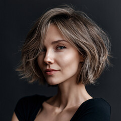 Fototapeta premium beautiful russian woman with textured bob and soft blended highlights, elegant russian woman with seamless color melt bob hairstyle, calm russian woman portrait with modern highlighted bob